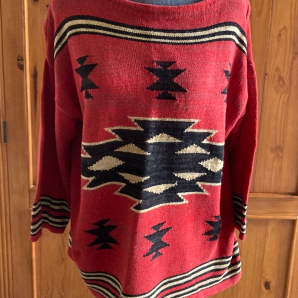 Chaps By Ralph Lauren Red Aztec Women's 3/4" Sleeve Cotton Sweater